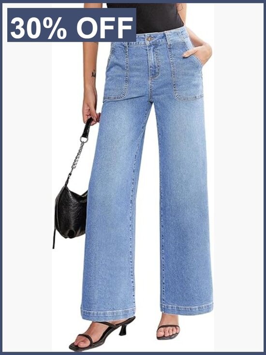 Denim - High Waisted Wide Leg Jeans Stretchy Baggy Straight Denim Pants Pockets